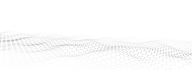 Abstract vector technology white hexagon wave with motion dots and lines. Dark cyberspace in digital background. Dynamic cyber hexagon mesh. Medical backdrop. Futuristic wireframe texture.