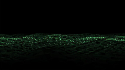Abstract vector technology green hexagon wave with motion dots and lines. Dark cyberspace in digital background. Dynamic cyber hexagon mesh. Medical backdrop. Futuristic wireframe texture. © ASdesign0714