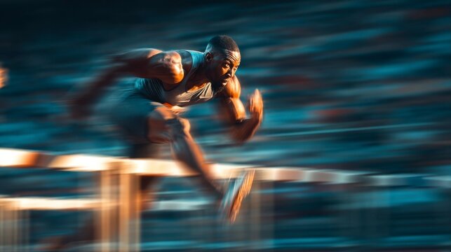 Athlete Performing Hurdle Jump on Track in Dynamic Motion Scene