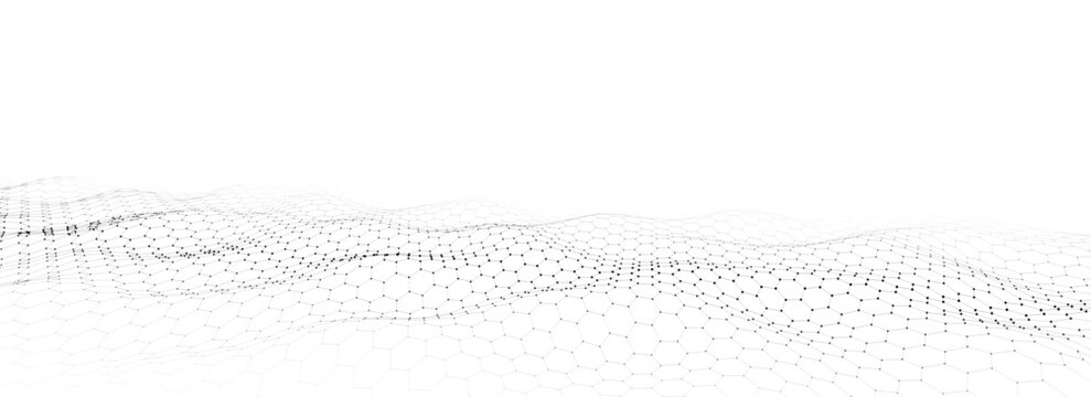 Abstract vector technology white hexagon wave with motion dots and lines. Dark cyberspace in digital background. Dynamic cyber hexagon mesh. Medical backdrop. Futuristic wireframe texture.