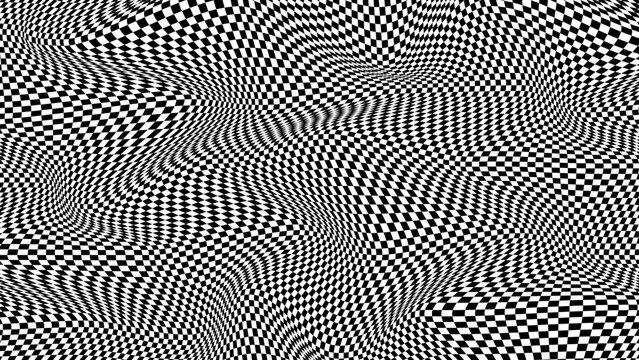 Floor in tile checker. Vector pattern of optical illusion. Moving wave with black and white squares. Op art. Background with chessboard grid. Abstract distorted texture. Psychedelic illustration.