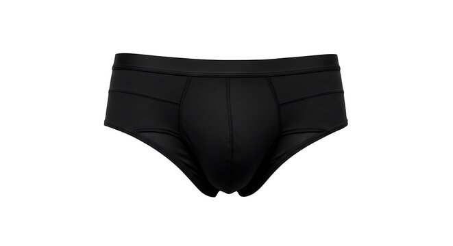 Black men&rsquo;s briefs on mannequin torso with stitched seam detail isolated on white background, studio mockup with high-key lighting.