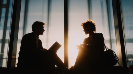 Contemplative Dialogue by the Window: Two figures engage in a hushed conversation against the backdrop of a modern building's expansive window, silhouetted by the warm.