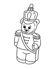 Hand drawn vector illustration of a teddy bear dressed as a nutcracker soldier with decorative uniform and tall hat. Concept of vintage Christmas toy, holiday tradition and festive nostalgia