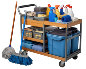 Cleaning cart with mop broom blue bins spray bottles towels sponges gloves and various cleaning supplies organized on shelves for janitorial or housekeeping use