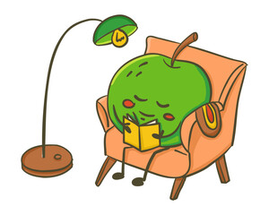 Hand drawn vector illustration of a cute green apple character sitting in an armchair and reading under a floor lamp. Concept of cozy autumn evening, relaxation and seasonal comfort