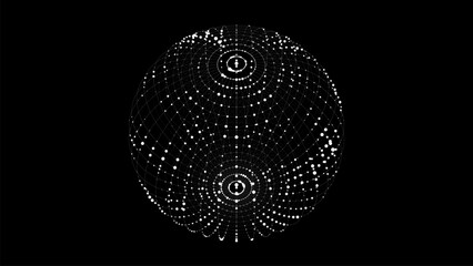 Futuristic vector black sci-fi sphere in space. Technology circle a network connection big data. Digital ai background with particles. Abstract frame ball. 3D wireframe geometric sphere.