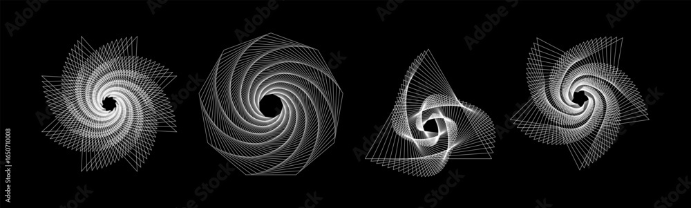 Poster set of abstract swirling figures. vector black 3d tunnel. twisted wireframe lines. curved symbols of