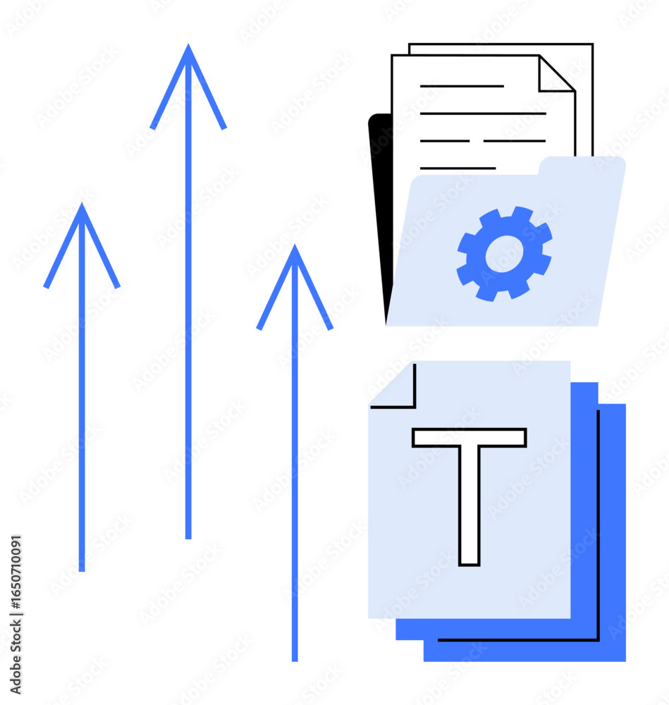 Poster folder with gear, documents, and text page alongside upward arrows. ideal for productivity, workflow