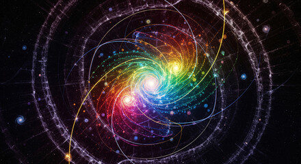 Fototapeta premium Abstract futuristic background of a colorful spiral galaxy made of particles in a fractal style scientific visualization