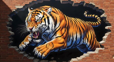 3D Tiger Mural Breaking Through Brick Wall Art Wildlife Illustration