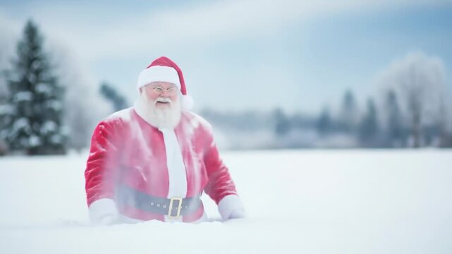 Santa Claus joyfully trudges through deep snow, spreading holiday cheer and winter wonderland magic in a playful, festive video scene
