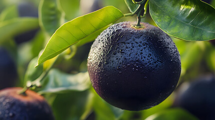 Ripe avocado hanging on a tree with water droplets and lush green leaves