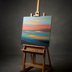 Abstract landscape painting on a wooden easel in a studio with paintbrushes resting on it