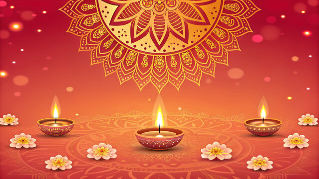 Festive diwali background with mandala pattern candles and flowers for celebration and decoration design - Powered by Adobe