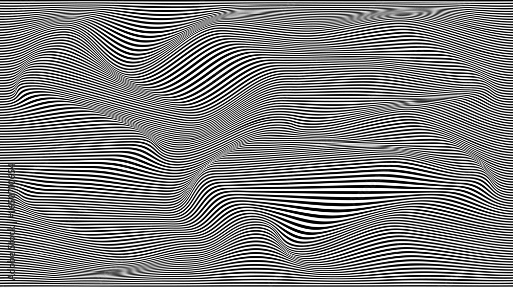 Poster vector pattern of optical illusion. moving wave with black and white lines. op art. abstract distort