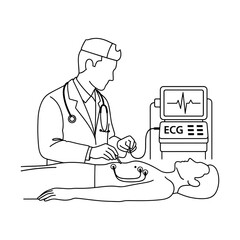 ECG test and medical procedure: A doctor is monitoring a patient's heart condition with an ECG machine, which can be used for clinical testing, health diagnosis, and medical procedures.