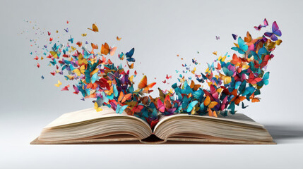 Open Book, A minimalist illustration of an open book, with a flock of colorful, abstract butterflies flying out from the pages. Isolated on a clean white background.
