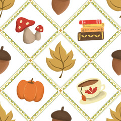Seamless autumn vector pattern featuring cozy seasonal elements: Designed in a warm and rustic style, perfect for Thanksgiving decorations, autumn festival projects, wrapping paper, digital background