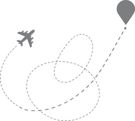 Airplane Flight Path with Location Pin, Transparent Background, Dashed Line, Route