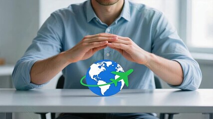 A man cupping hands over globe with airplane icon symbolizing safe global trips, concept of Travel Insurance, Secure travel, travel coverage