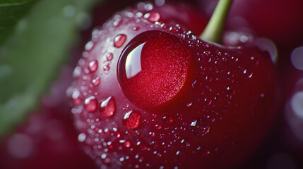 Close-up of a cherry with water droplets, showcasing its vibrant red color and glossy texture.