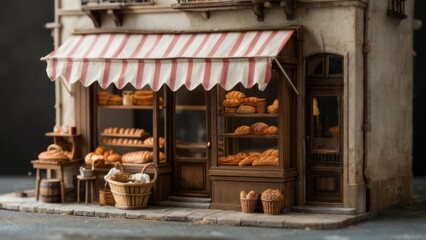 Exquisite Miniature Diorama of a Rustic French Bakery with a Striped Awning and Bread Display.