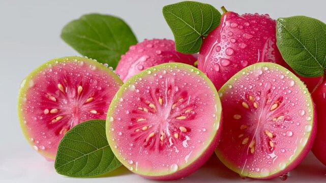 Freshly sliced pink guava pieces with vibrant green leaves glistening with water droplets, showcasing the juicy texture and rich color in a beautifully arranged composition, highlighting natural fresh