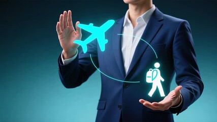 A businessman holding a holographic airplane and traveler icons between hands, concept of Travel Insurance, Secure travel, travel coverage
