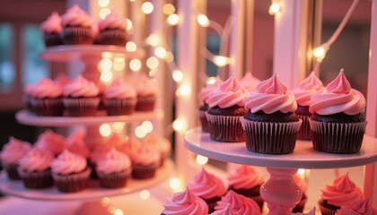 Elegant pink swirl cupcakes at charity event, sweet awareness