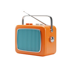 Obraz premium A vibrant orange retro radio with a pale blue grille and silver handle rests against a white background. Its nostalgic design symbolizes connection, storytelling, and the timeless magic of music and s