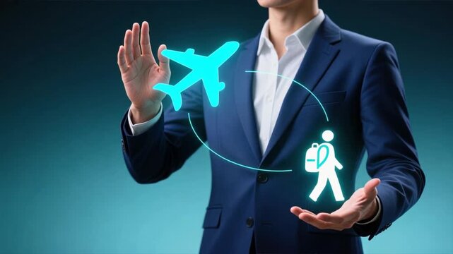 A businessman holding a holographic airplane and traveler icons between hands, concept of Travel Insurance, Secure travel, travel coverage