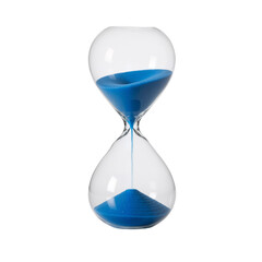 A clear glass hourglass filled with flowing cobalt blue sand rests against a white background. Its elegant design symbolizes the passage of time, reflection, and the fleeting beauty of each moment.