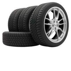 Obraz premium Four tires stand poised in silent anticipation—one leaning forward like a runner at the start—guardians of journeys not yet taken, their treads etched with the promise of endless horizons.