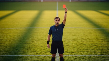 European male soccer referee stands on a green field. He is holding a red card in the air. The concept is sports, justice, and penalty