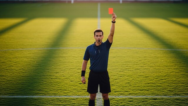 European male soccer referee stands on a green field. He is holding a red card in the air. The concept is sports, justice, and penalty - Powered by Adobe