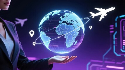 A businesswoman reaching toward glowing holographic globe with flight paths and travel icons, concept of Travel Insurance, Secure travel - Powered by Adobe