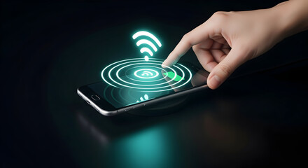 "Hand Activating Wifi Connection on Smartphone with Digital Waves"