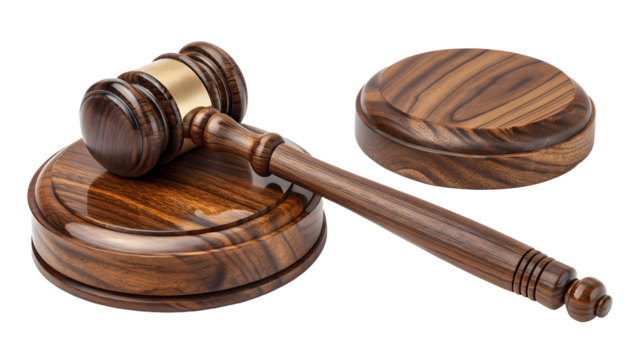 Wooden gavel with sound block PNG, realistic high-resolution transparent image with polished brown wood texture for law, justice, and court-related designs.
