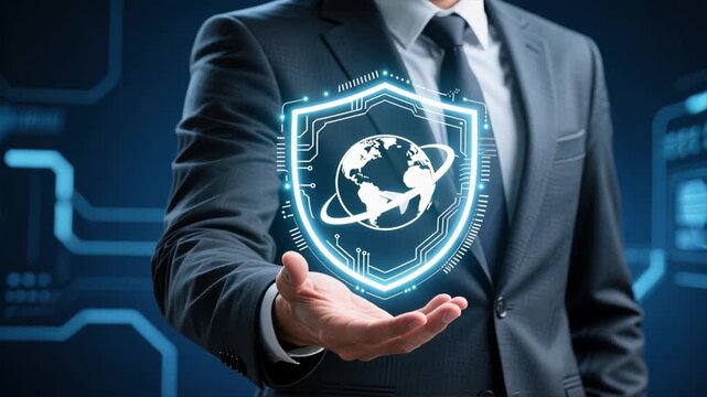 A businessman holding a glowing shield with globe and airplane path, symbolizing global Travel Insurance, Secure travel, travel coverage - Powered by Adobe