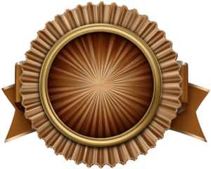 Bronze award badge with gold trim, pleated ribbon, and radiant center design, symbolizing achievement and excellence, isolated on transparent background