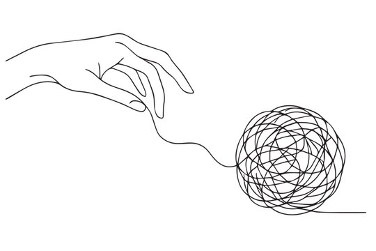 elegant line art, hand pulling tangled thread, mental clarity, emotional release, abstract illustration, therapy concept psychotherapy medical icons