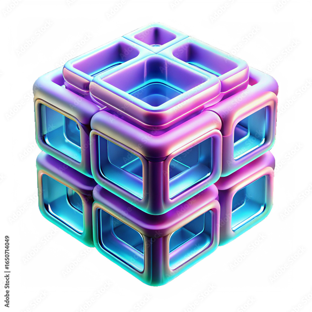 Poster a futuristic 3d cube composed of interconnected geometric shapes with a gradient of blue and purple 