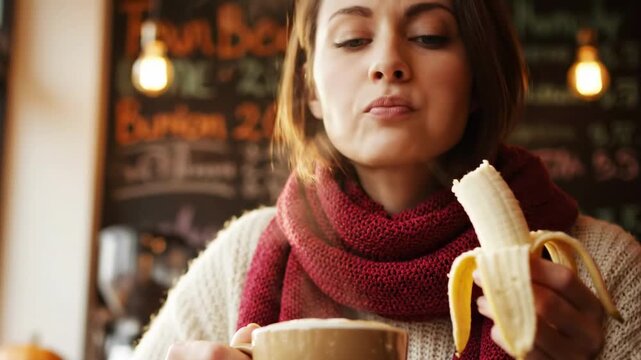 lady eating banana - A woman enjoying a banana while sipping coffee in a cozy caf&eacute;, with a chalkboard menu in the background showcasing various drinks and snacks