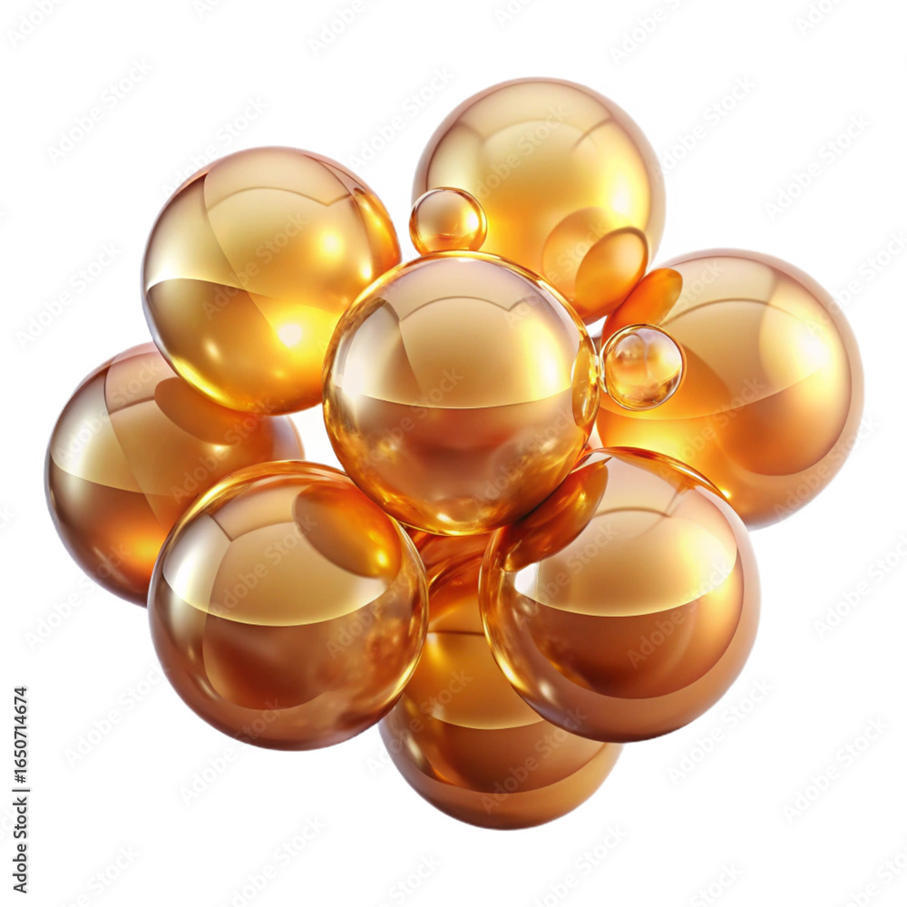 Poster a cluster of glossy golden spheres and bubbles isolated on a transparent background
