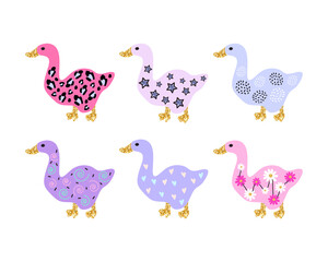 Illustration of cute geese on a white background.