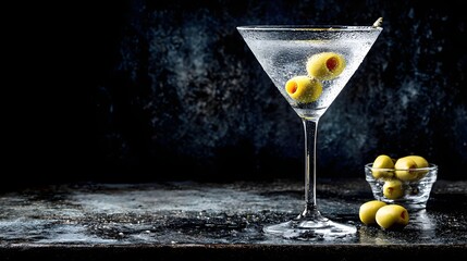 martini with olives on a dark background