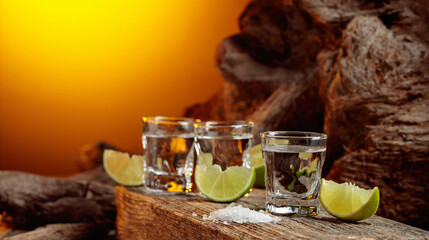Tequila with salt and lime slices.