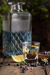 Gin with ingredients on an old wooden table.