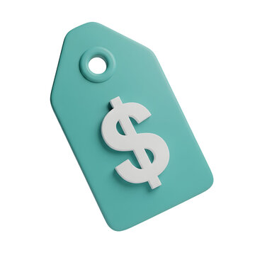 A 3d rendered turquoise price tag icon featuring a prominent white dollar sign representing finance and commerce.
